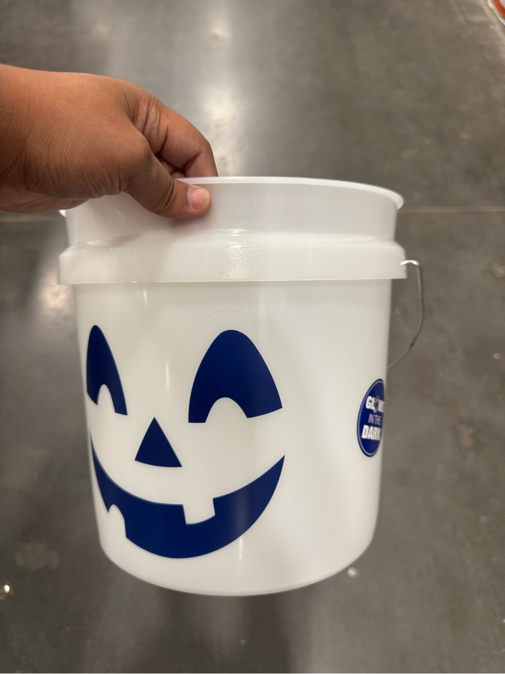 White Halloween Pumpkin Treat Bucket with Blue Jack-O'-Lantern Face
